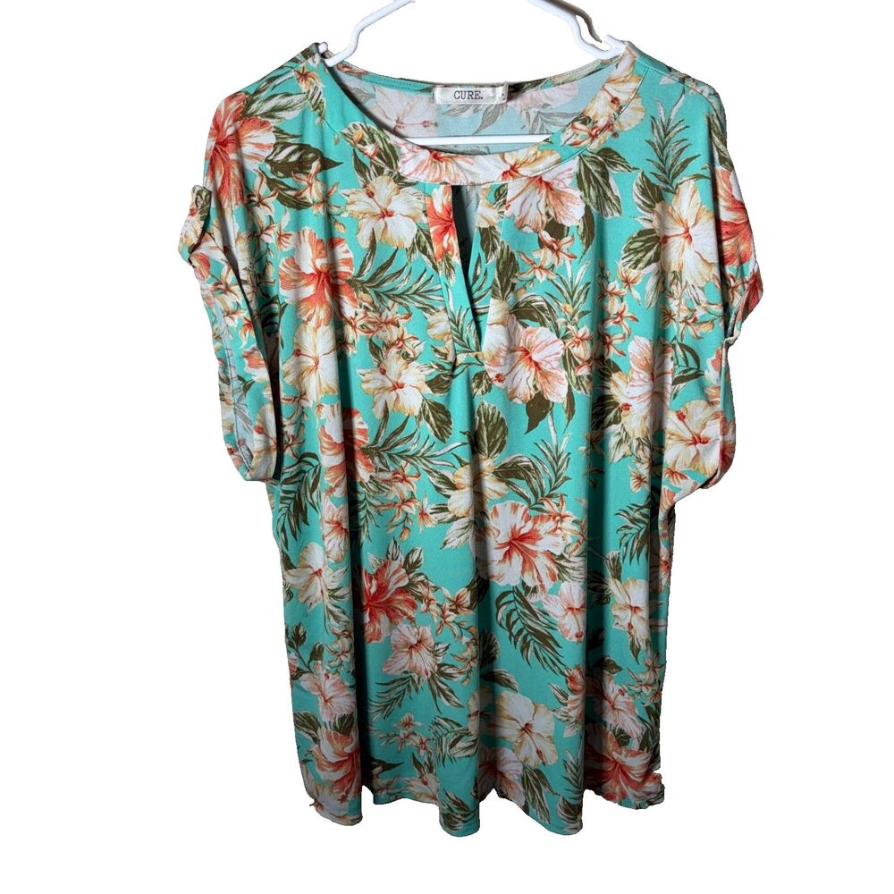 Cure. Blouse Women's 2XL XXL Floral Keyhole Short Sleeve Casual Shirt Top